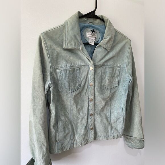 Authentic vintage genuine suede leather light blue green teal jacket coat - Picture 5 of 10